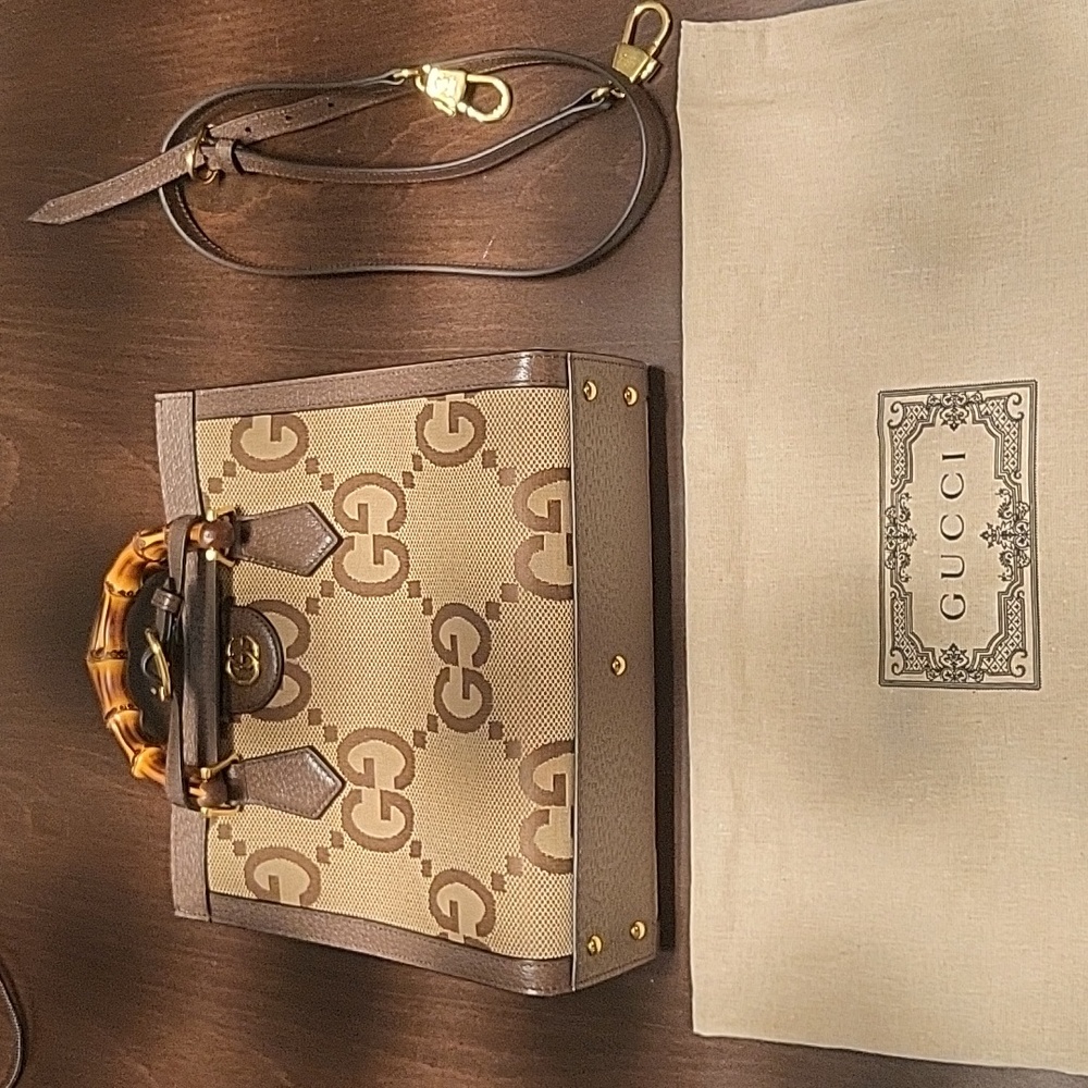 Gucci Diana NM Bamboo Handle Tote Jumbo GG Canvas Medium Brown